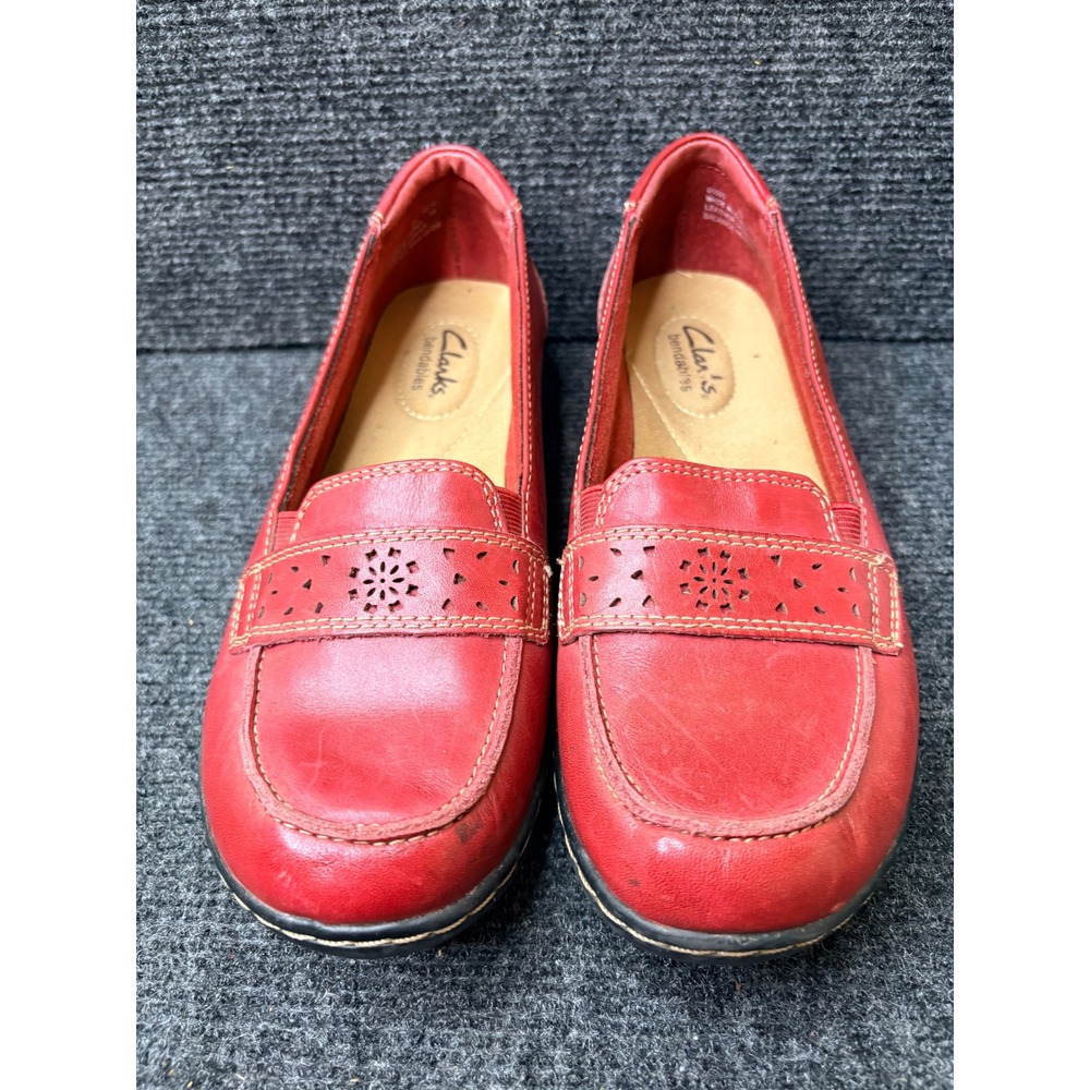 Clarks Bendables Red Leather Floral Perforated Loafers 65593 Womens 7M